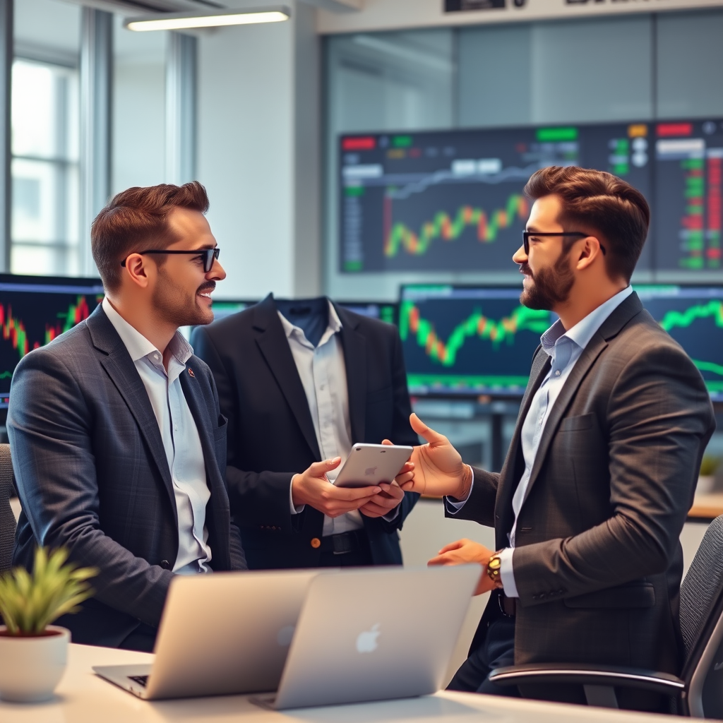 Geschäftsinhaber diskutieren Kreditoptionen in modernem Büro mit Trading-Monitoren und Forex-Charts im Hintergrund